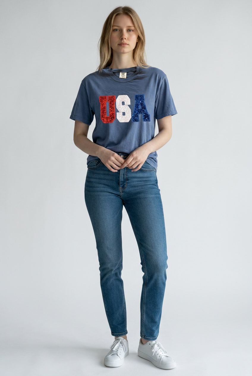 USA Sequin Appliqué T-Shirt | Patriotic Red White & Blue Shirt | 4th of July Shirt