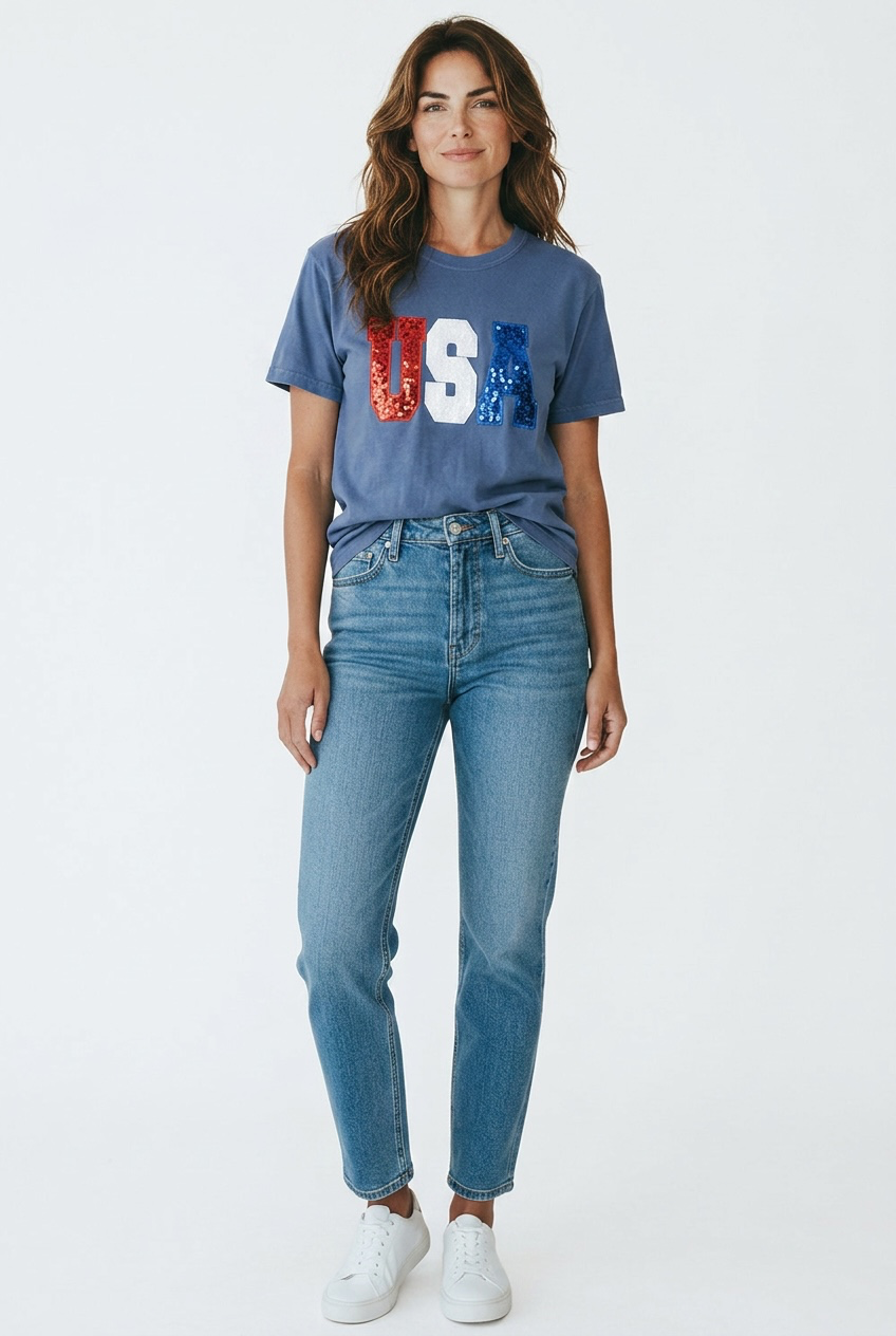 USA Sequin Appliqué T-Shirt | Patriotic Red White & Blue Shirt | 4th of July Shirt