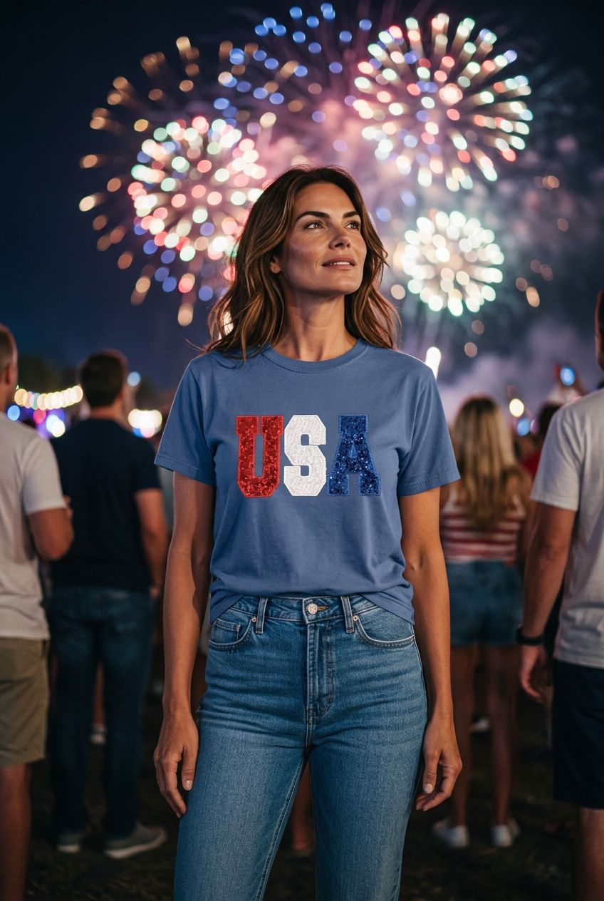 USA Sequin Appliqué T-Shirt | Patriotic Red White & Blue Shirt | 4th of July Shirt