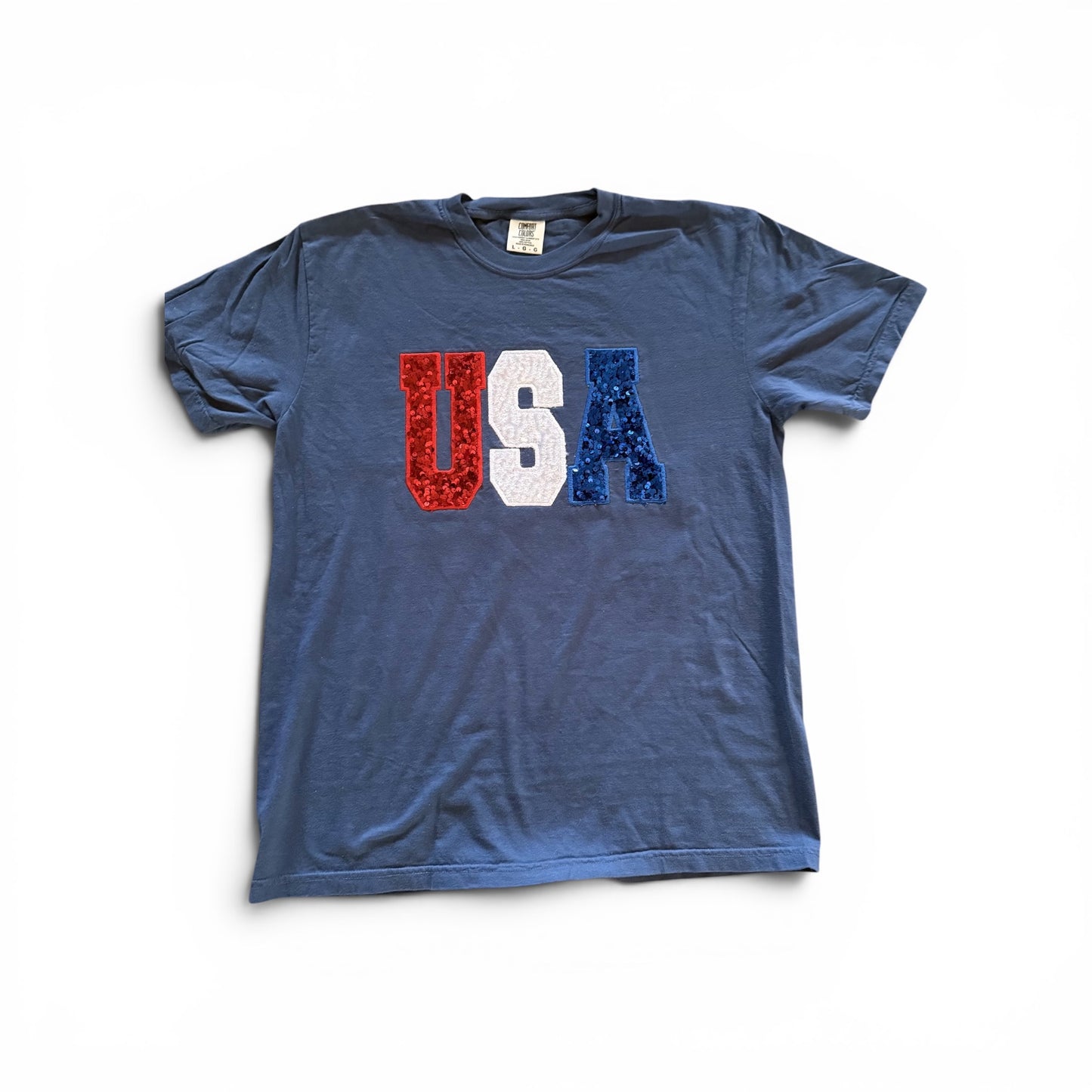 USA Sequin Appliqué T-Shirt | Patriotic Red White & Blue Shirt | 4th of July Shirt