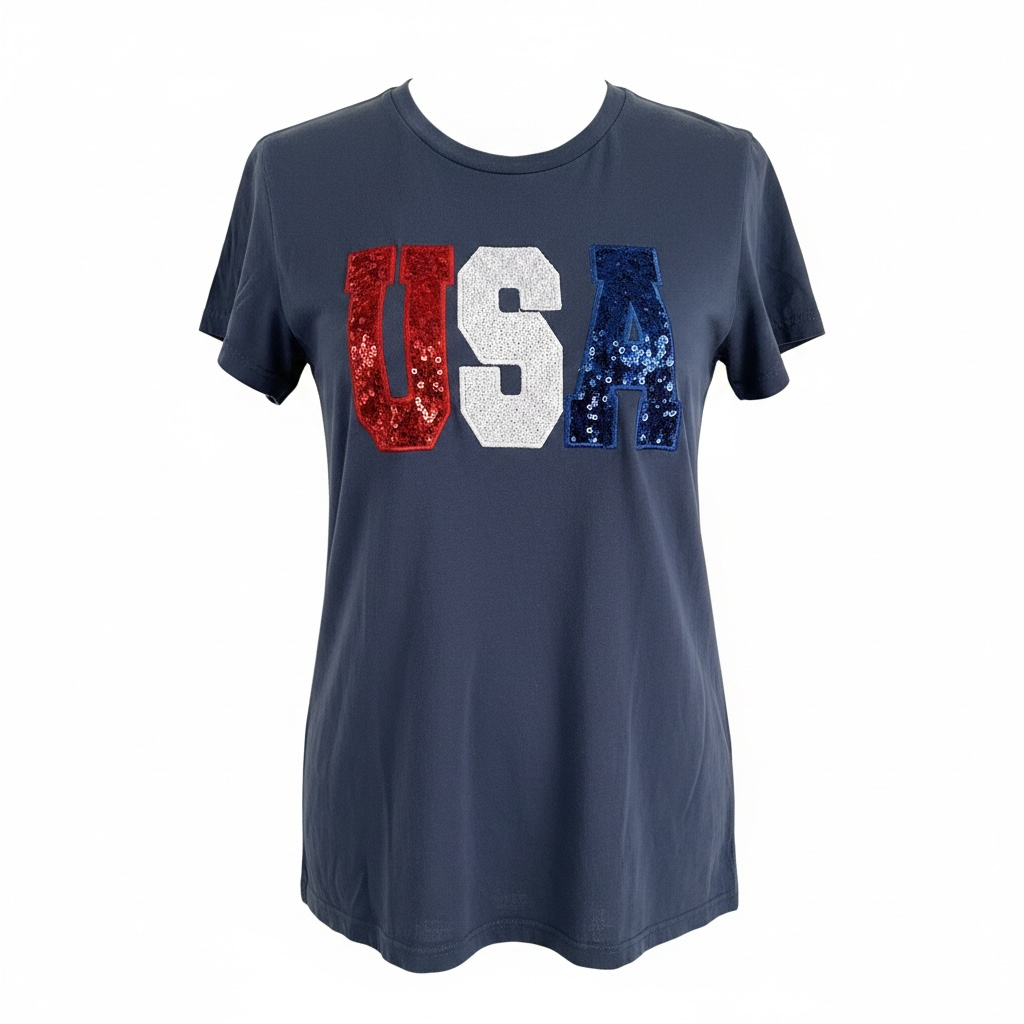 USA Sequin Appliqué T-Shirt | Patriotic Red White & Blue Shirt | 4th of July Shirt
