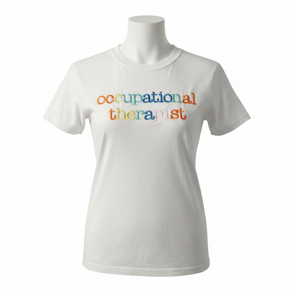 Captain Hawk Designs white crew-neck t-shirt with multi-colored embroidered Occupational Therapist text on the chest.