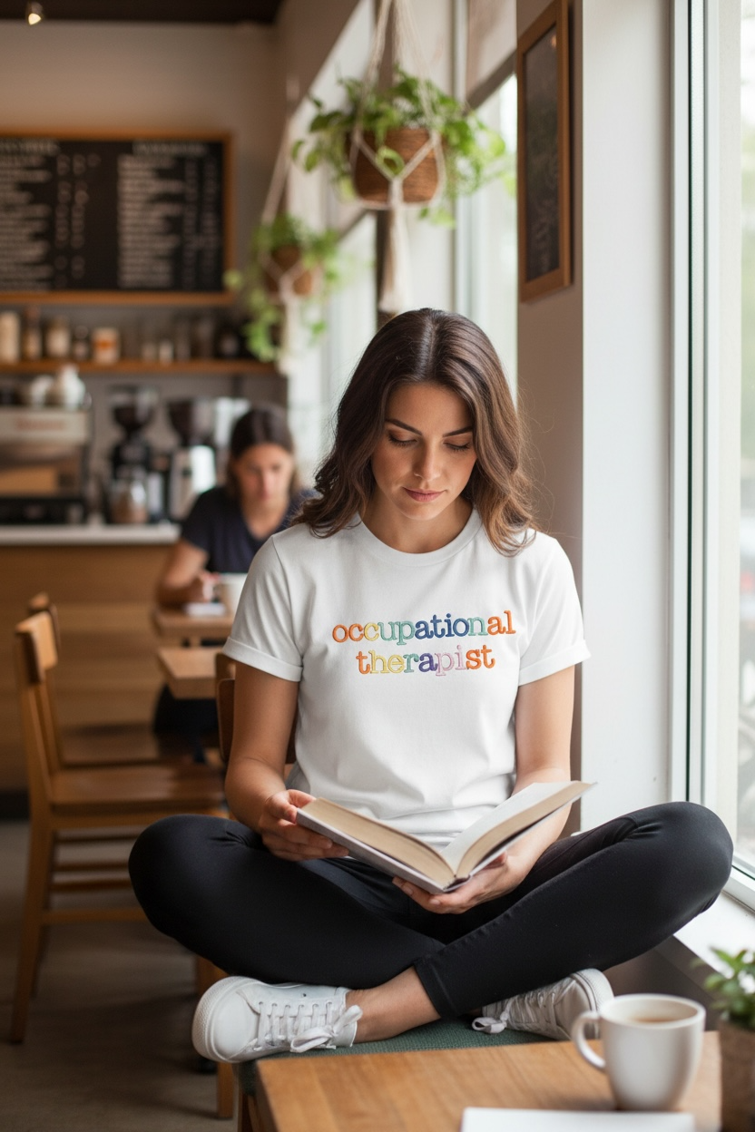 Woman wearing a white Captain Hawk Designs Occupational Therapist t-shirt with colorful embroidery while reading.