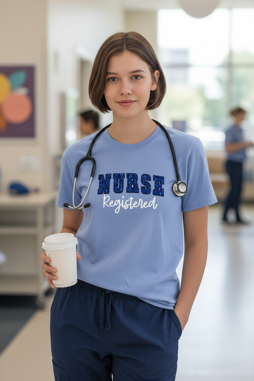 Captain Hawk Designs light blue crewneck t-shirt with blue sequin NURSE graphic and white Registered text on a nurse.