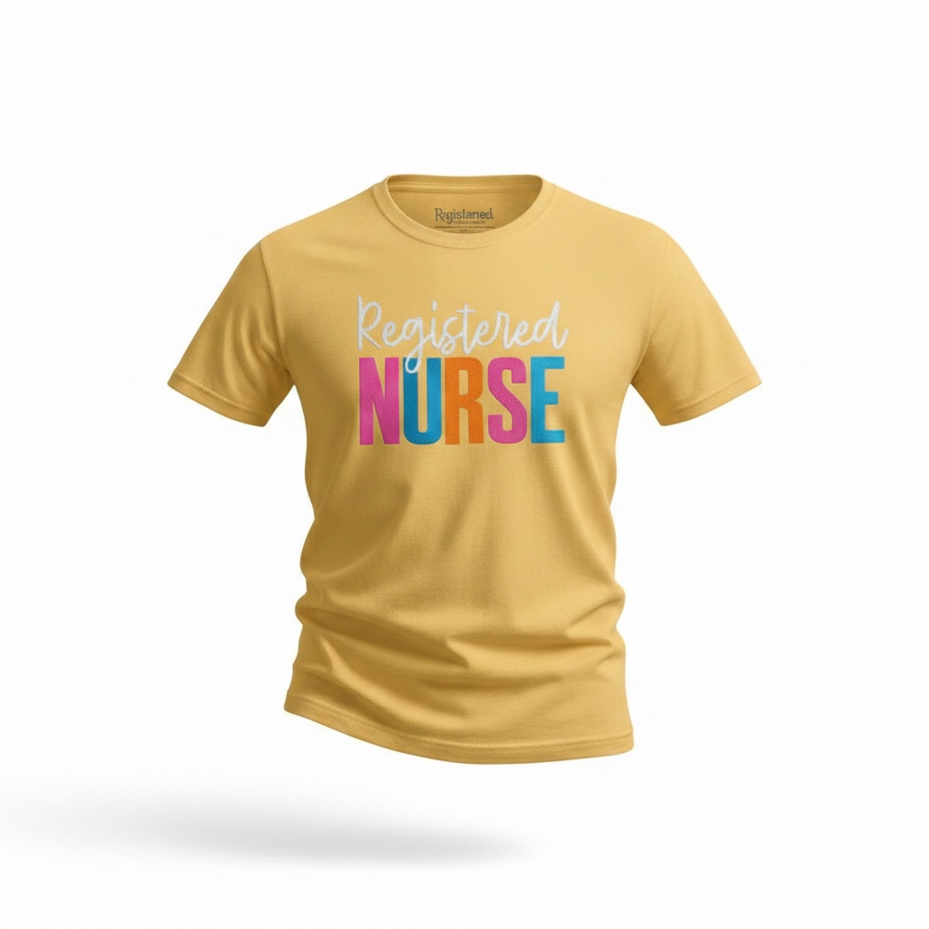 Captain Hawk Designs mustard yellow crewneck t-shirt with Registered Nurse graphic in colorful block and white script.