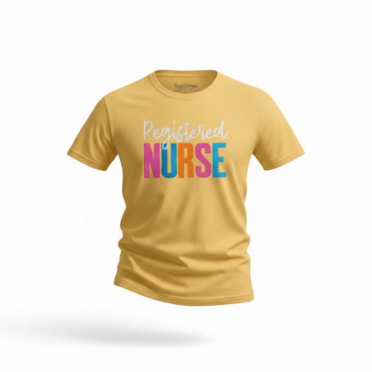Captain Hawk Designs mustard yellow crewneck t-shirt with Registered Nurse graphic in colorful block and white script.