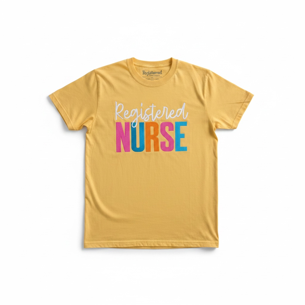 Captain Hawk Designs mustard yellow crewneck t-shirt with Registered Nurse graphic in white script and colorful letters.