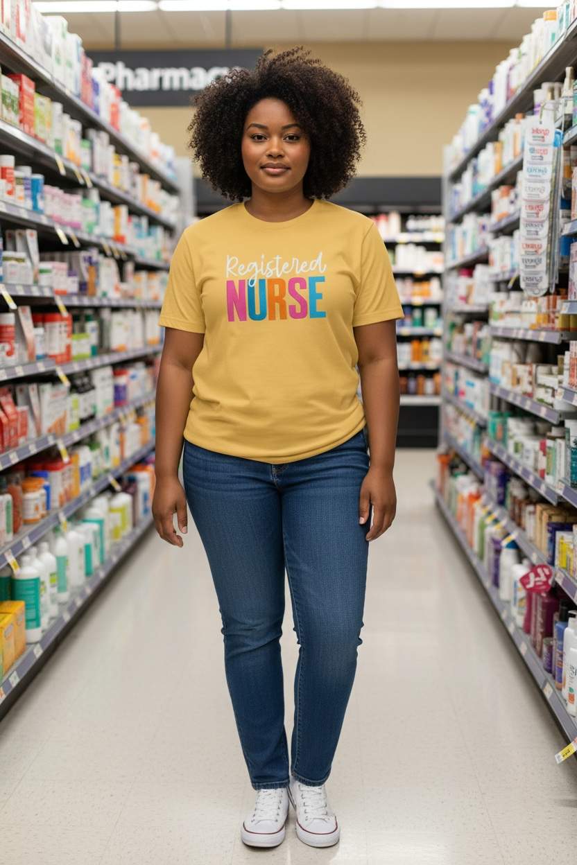 Captain Hawk Designs mustard yellow crewneck t-shirt with Registered Nurse graphic worn by a woman in a pharmacy aisle.