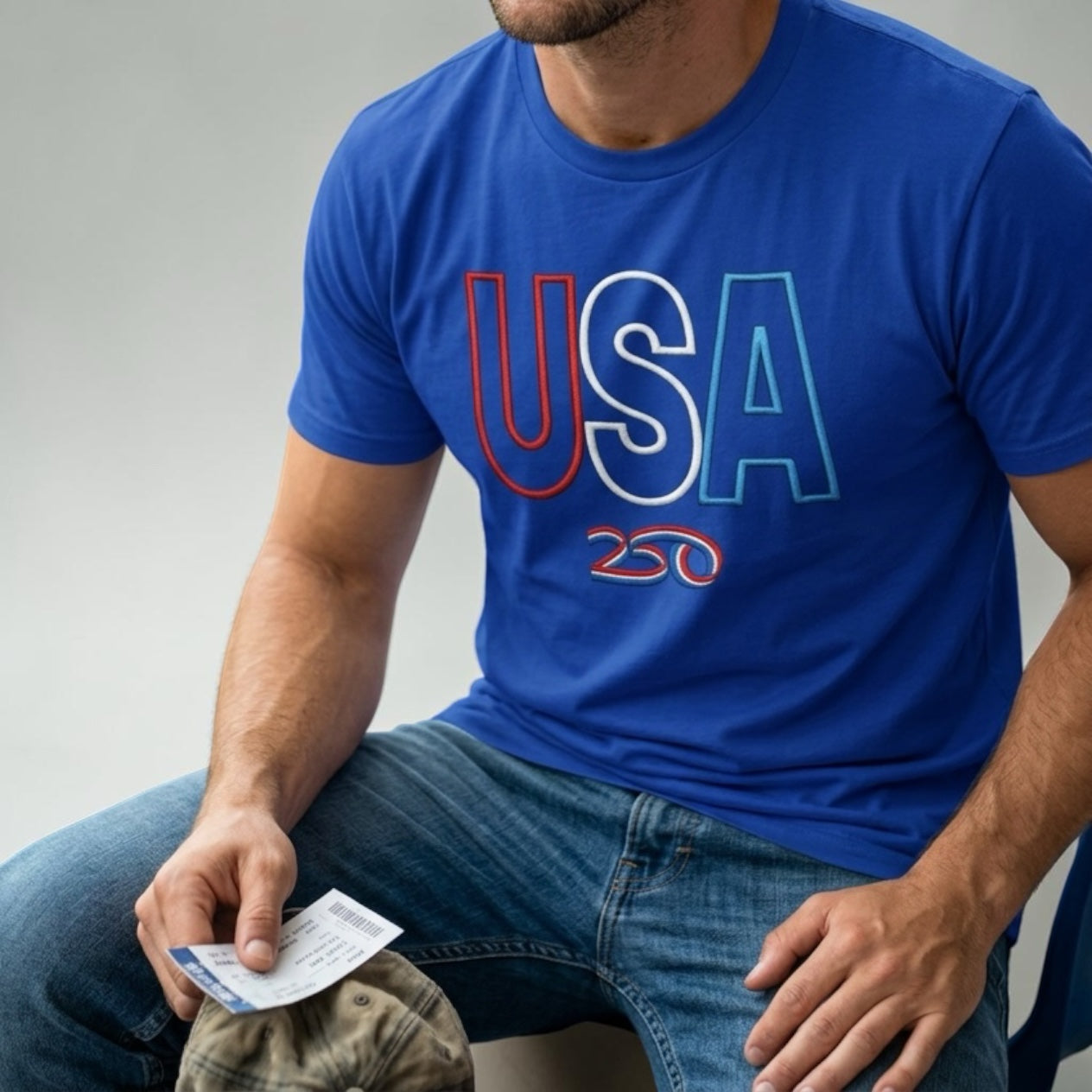 Captain Hawk Designs blue crewneck t-shirt with embroidered USA 250 graphic in red, white, and blue on a man.