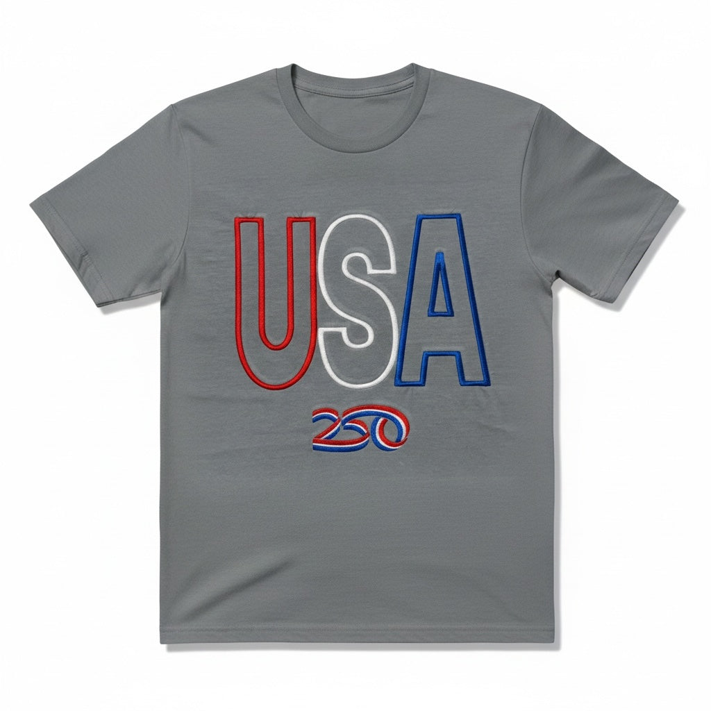 Captain Hawk Designs grey crewneck t-shirt with embroidered red, white, and blue USA 250 commemorative graphic.