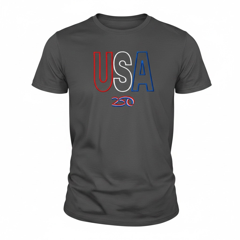 Captain Hawk Designs grey crewneck t-shirt featuring an embroidered USA 250 graphic in red, white, and blue.